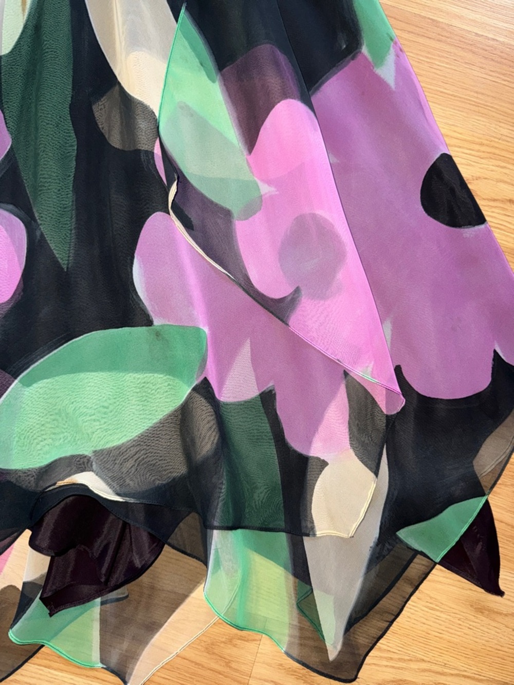 Vintage A.J. Bari Floral Chiffon Midi Dress Black Lavender Green Size 6 1980s - Picture 8 of 16